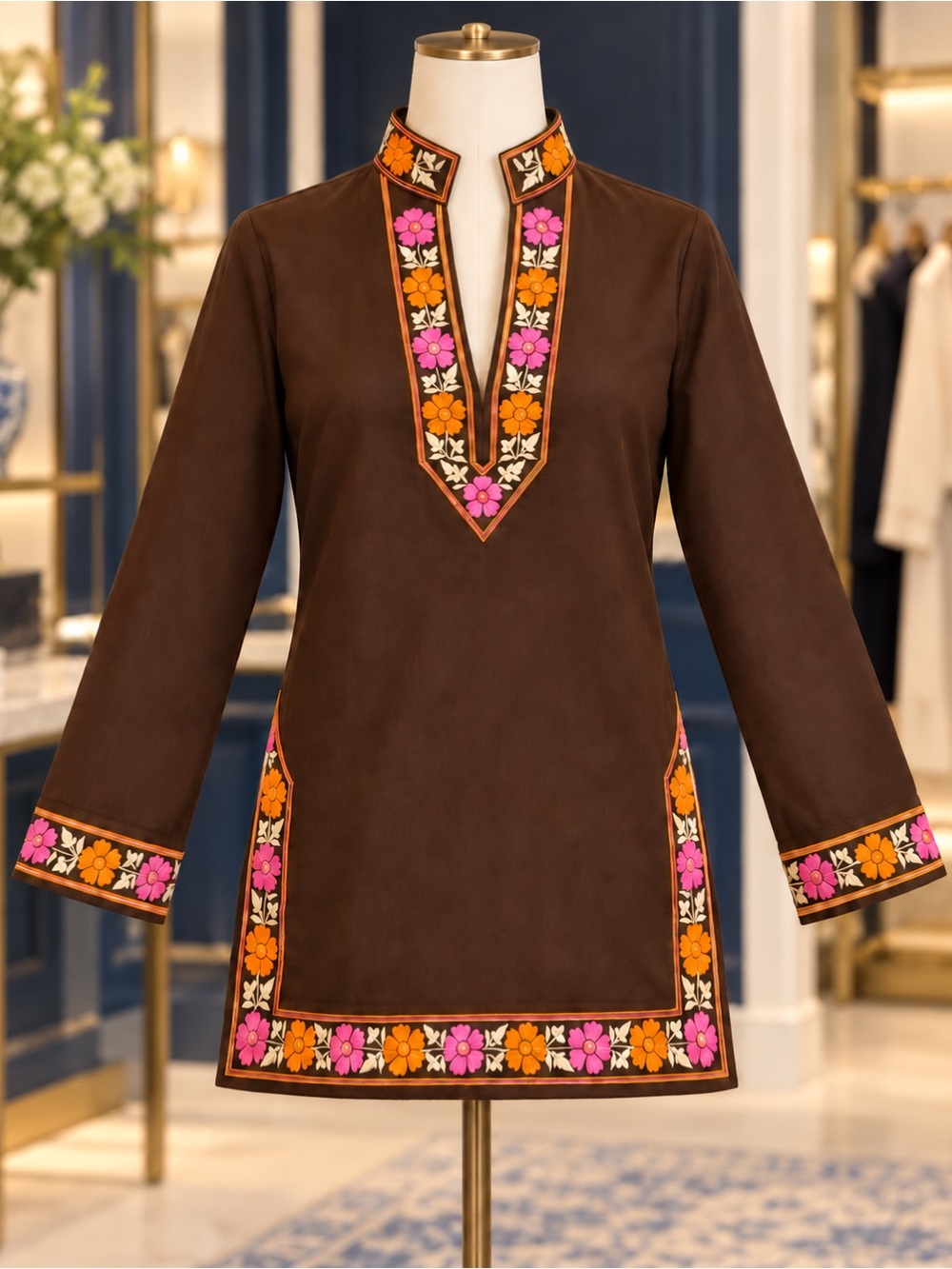 TORY BURCH Brown Cotton Tunic Long Sleeve Embroidered Shirt Size S